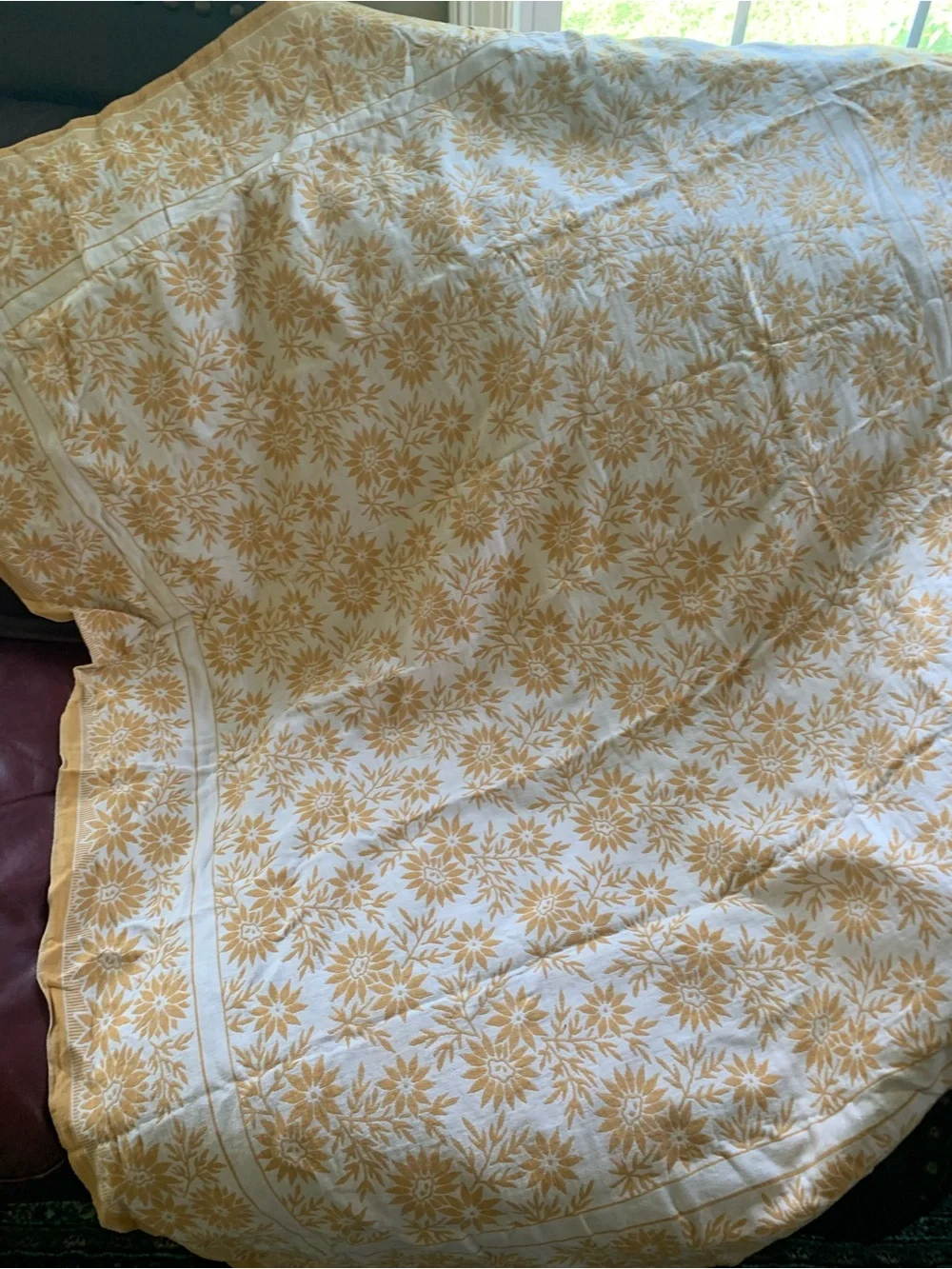 Vintage Yellow Floral Block Print Cotton Tablecloth Throw 55”x47”